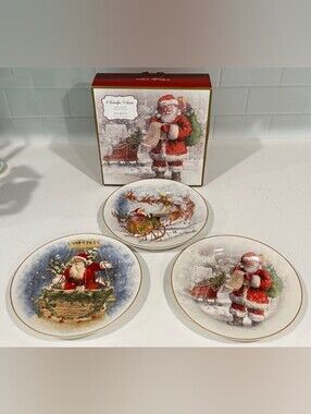 Pottery Barn Nostalgic Santa Salad Plates Set Of 3 In Box